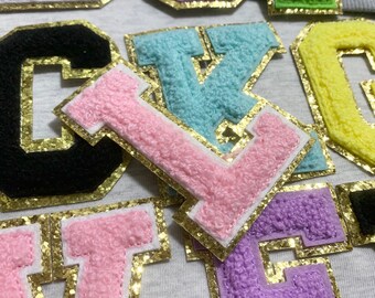 Parche de letras de chenilla brillante, parche de letras multicolor, parche de letras coloridas, hierro en coser en parche de bordado del alfabeto, regalos personalizados