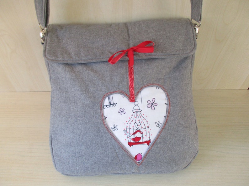 Handmade bag Fabric bag with heart Totes bag Hand bag Grey Gift bag Grey bag Cotton bag Woman bag Shoulder bag Big bag