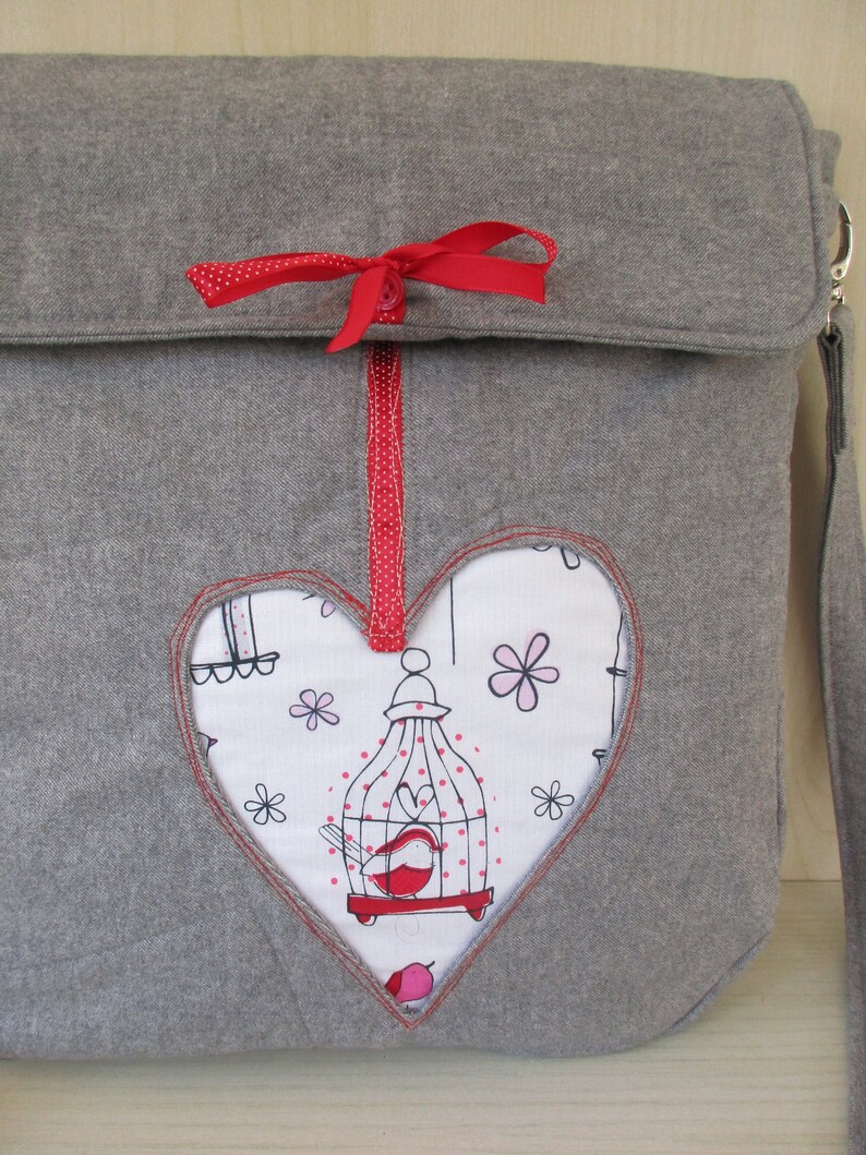 Handmade bag Fabric bag with heart Totes bag Hand bag Grey Gift bag Grey bag Cotton bag Woman bag Shoulder bag Big bag