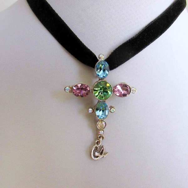 Christian Lacroix cross pendant and brooch silver colored crystal stones necklace