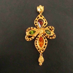 Christian Lacroix 1980 Vintage Cross Pendant Gold Plated Crystals Green-Orange-Brown