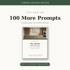 May include: A digital product cover titled The Add-On 100 More Prompts by Lorena Segura Design. The design features a kitchen interior photograph with wooden cabinets and a white range hood, set against a cream background with dark green accents.