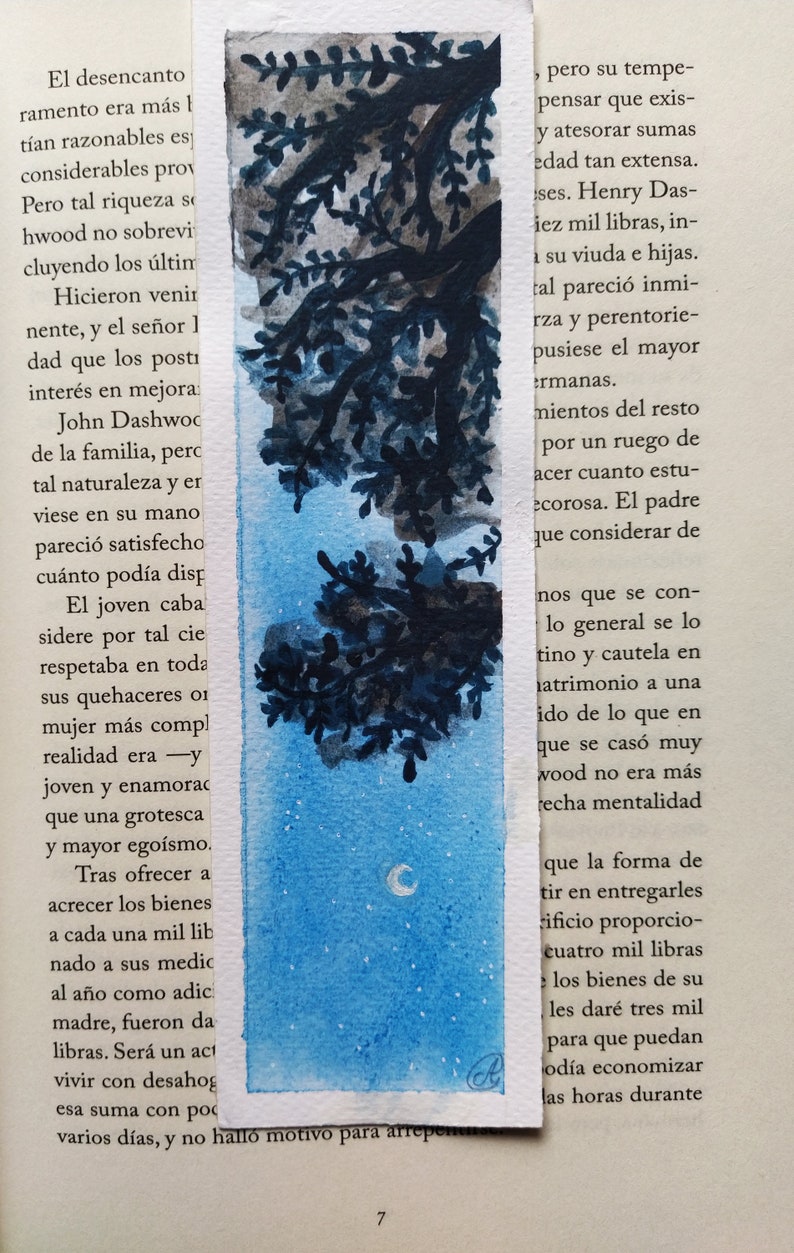 Watercolor bookmarks painted by hand blue color scheme dusk