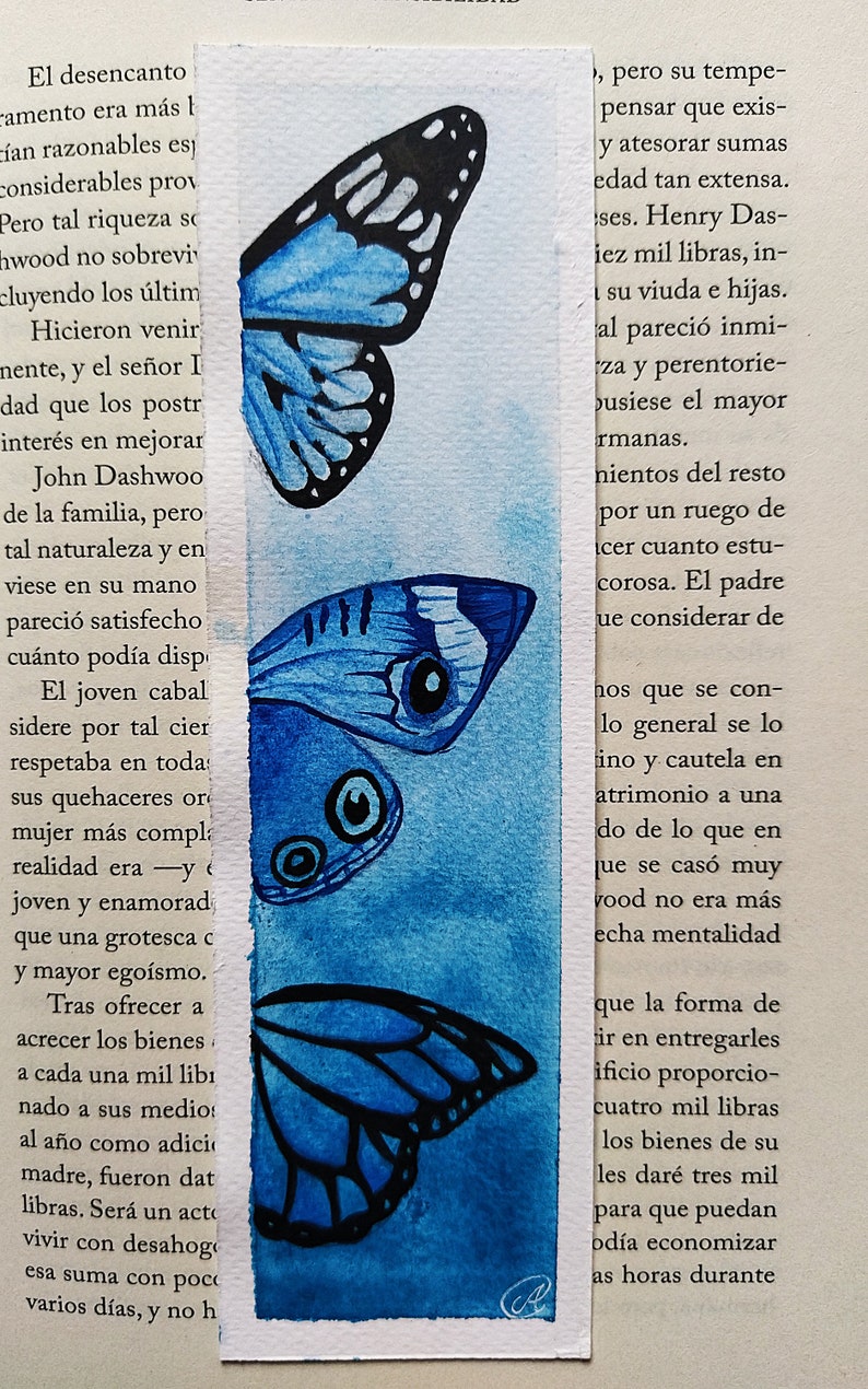 Watercolor bookmarks painted by hand blue color scheme butterfly