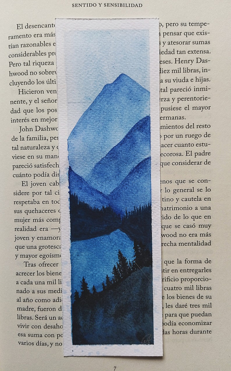 Watercolor bookmarks painted by hand blue color scheme lake