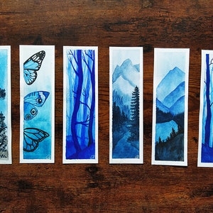 Watercolor bookmarks painted by hand blue color scheme zdjęcie 1