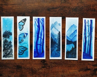 Watercolor bookmarks painted by hand - blue color scheme