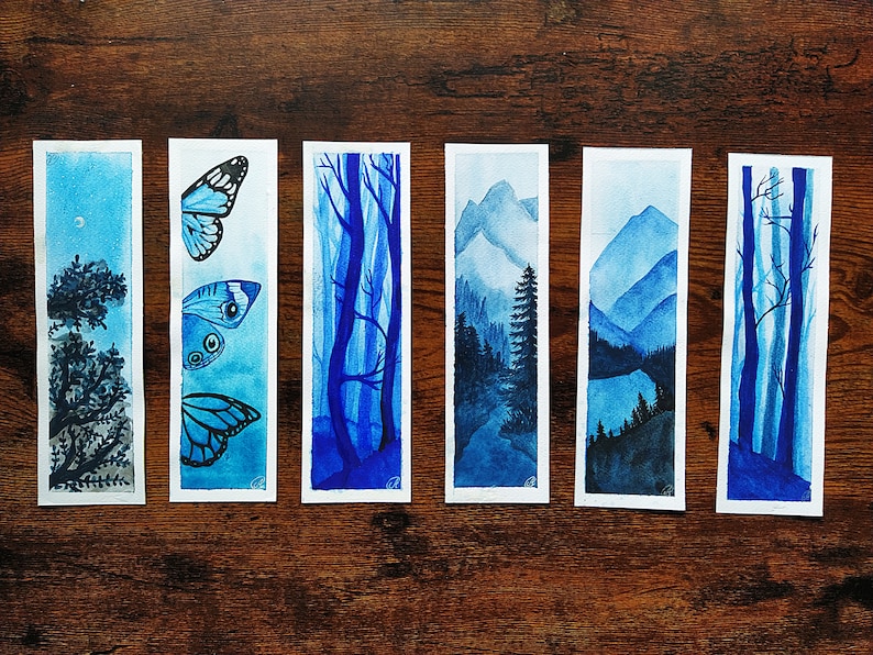 Watercolor bookmarks painted by hand blue color scheme zdjęcie 1