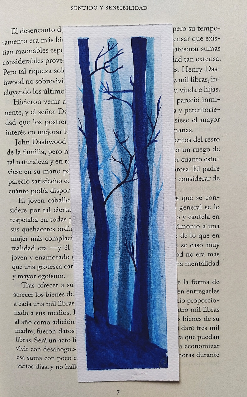 Watercolor bookmarks painted by hand blue color scheme fog