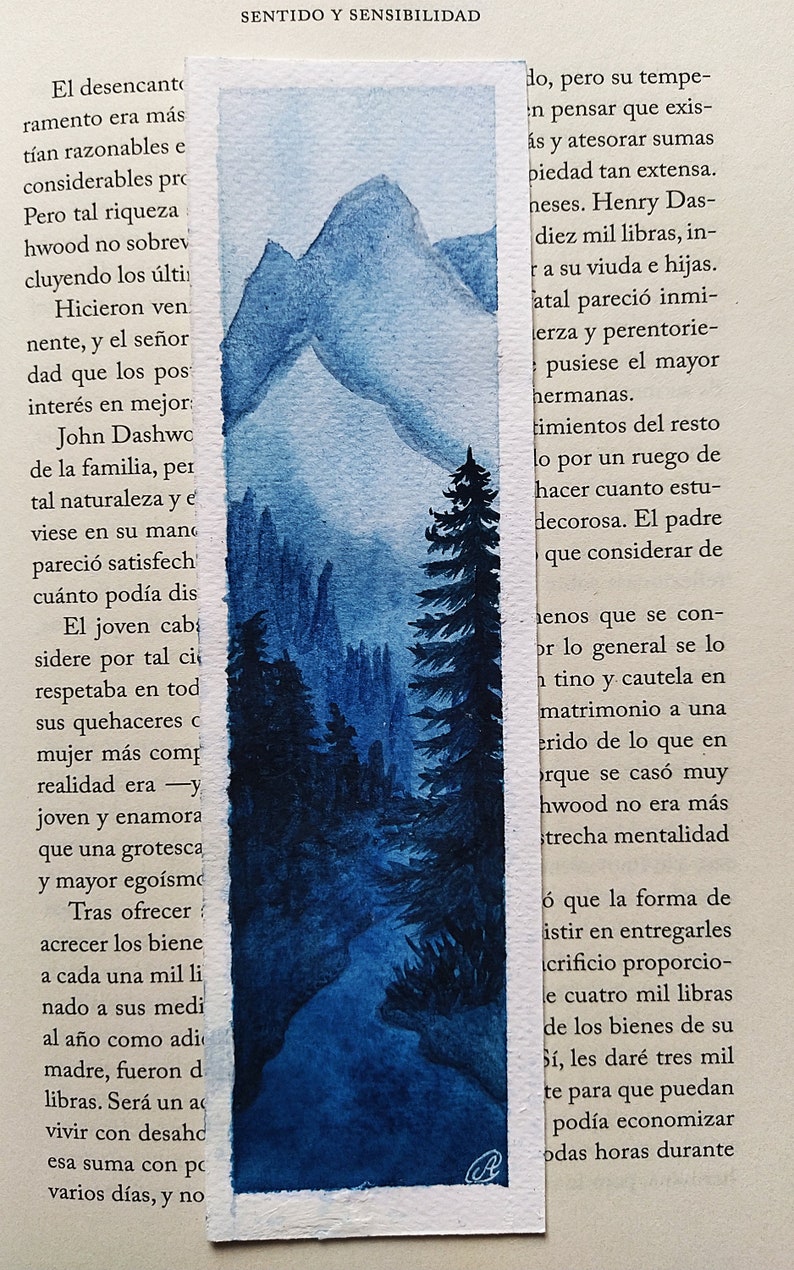 Watercolor bookmarks painted by hand blue color scheme mountain river