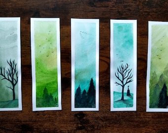 Watercolor bookmarks painted by hand - green color scheme