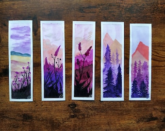 Watercolor bookmarks painted by hand - purple color scheme