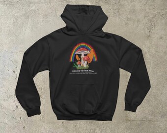 Be Kind to Your Mind Graphic Hoodie | Cozy Cottagecore Fleece Sweatshirt | Mushroom Rainbow