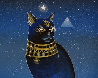バステト・パピルス版画 – エジプトの黒猫の女神アート（9×13インチ