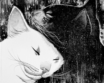 Morgonkyssar av Raphaël - originalmålning - original kattmålning, handmålad katt, akrylkattmålning, handmålad konst, konsttryck
