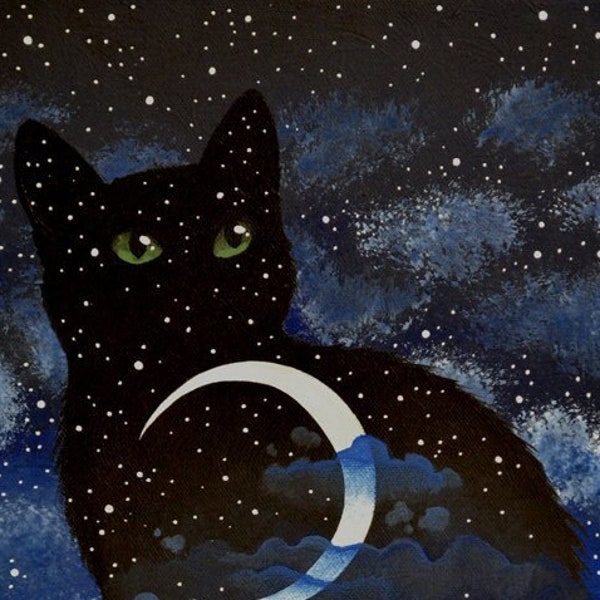 Sleep under the moon by Raphaël-cat collector gift,housewarming cat art,cat nursery decor,original cat painting,hand painted cat,cat lady