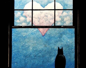 Op de afbeelding: Een schilderij van een raam met een hartvormige wolk in de lucht. Een zwart katten silhouet zit op de vensterbank en kijkt naar buiten. De lucht is een blauwe gradiënt met witte stippen en het raamkozijn is zwart.