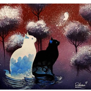 Peut inclure: Une peinture représentant deux chats, l'un blanc et l'autre noir, assis dans une forêt enneigée. Le chat blanc est entouré de nuages bleus, tandis que le chat noir est entouré de nuages sombres. Un papillon blanc vole au-dessus des chats.