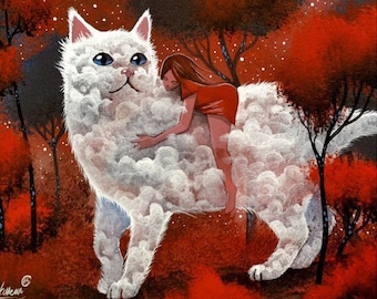Californische droom door Raphaël ondertekend origineel schilderij, kattendame, gekke kattendame, kattenpersoon, kattenliefhebber, kattenliefhebber, geobsedeerd door katten, wolkenkat