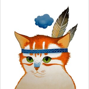 May include: A cartoon illustration of an orange and white cat wearing a blue headband with a geometric pattern and two brown feathers. The cat has green eyes and a blue cloud above its head.