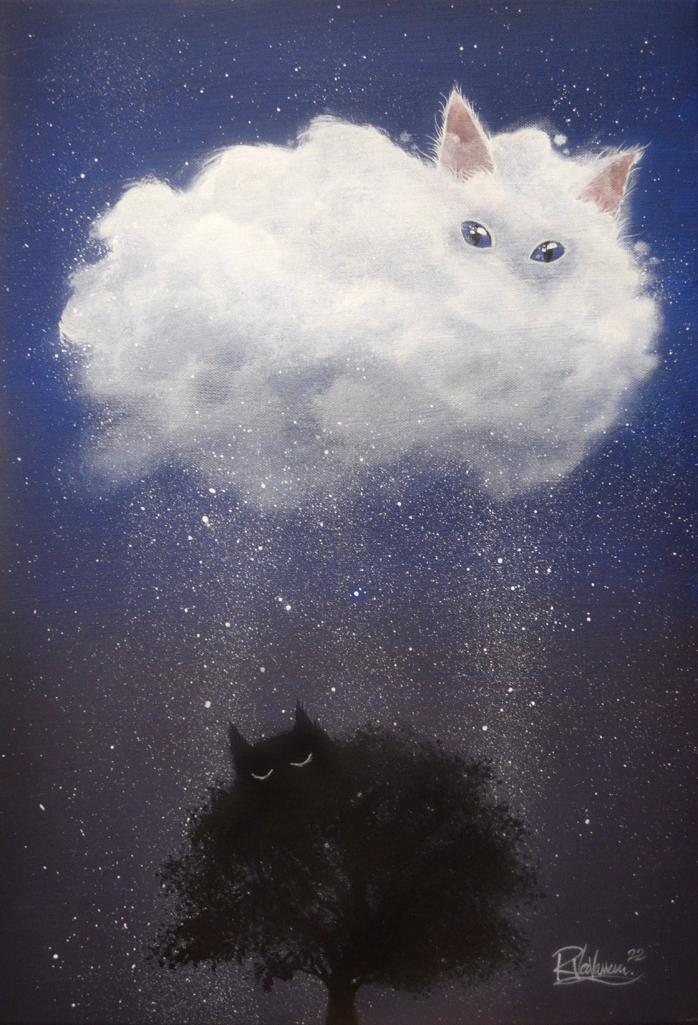 ラファエロ作「雲の猫」 - オリジナル絵画 - 白黒の猫、モノクロの猫