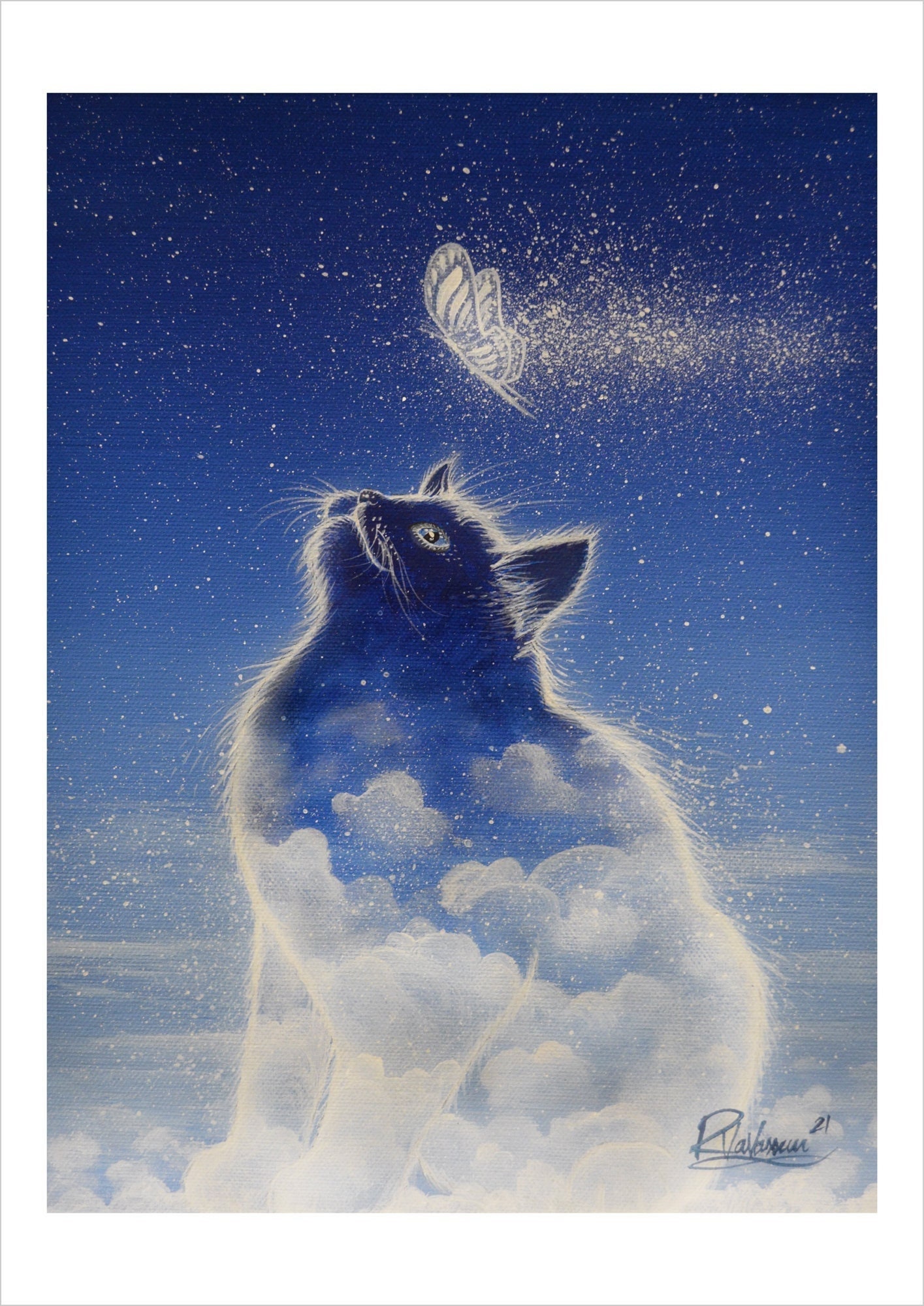 ラファエロ作「空の藍色の猫」 - 手描きアート、ファインアート