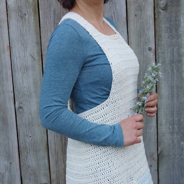 Crochet Pattern - Rosemary Pinafore Apron/ Linen Minimalist Tunic/ Rustic Coverup/ Homestead Cross Back Outfit
