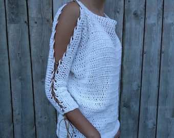 Crochet PATTERN - Laced Up Sleeves Top/ Modern Rustic Coverup/Open Shoulder Jumper/Open Sleeves Pullover