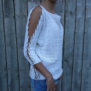 Crochet PATTERN Laced Up Sleeves Top/ Modern Rustic Coverup/Open Shoulder Jumper/Open Sleeves Pullover image 1