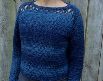 Crochet Pattern -Blues Cropped Sweater/ Chunky Modern Rustic Top/Shoulder Lace Short Jumper, Drop Shoulder Ombre Pullover