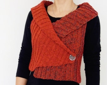 Crochet Pattern - Shawl Collar Vest/Sideways Crossed Shrug/ Ribbed Buttoned Wrap/ Sleeveless Cardigan