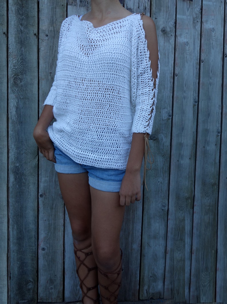 Crochet PATTERN Laced Up Sleeves Top/ Modern Rustic Coverup/Open Shoulder Jumper/Open Sleeves Pullover image 4