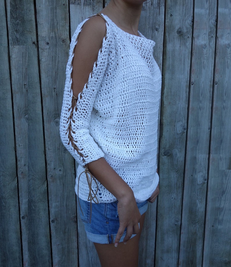 Crochet PATTERN Laced Up Sleeves Top/ Modern Rustic Coverup/Open Shoulder Jumper/Open Sleeves Pullover image 1