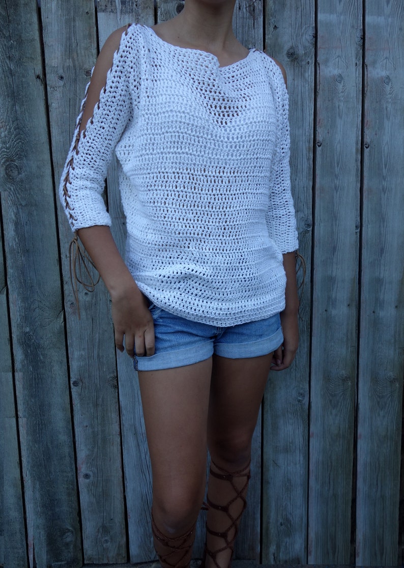 Crochet PATTERN Laced Up Sleeves Top/ Modern Rustic Coverup/Open Shoulder Jumper/Open Sleeves Pullover image 2