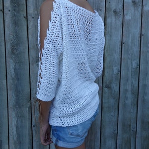 Crochet PATTERN Laced Up Sleeves Top/ Modern Rustic Coverup/Open Shoulder Jumper/Open Sleeves Pullover image 3