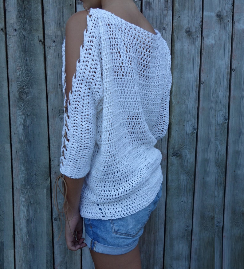 Crochet PATTERN Laced Up Sleeves Top/ Modern Rustic Coverup/Open Shoulder Jumper/Open Sleeves Pullover image 3