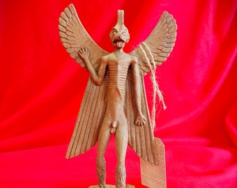 Pazuzu, Zandsteenafwerking, Hoge basis, Demonensculptuur, Historisch artefact, Sumerische kunst, Mesopotamische kunst, Occulte kunst, Demonenkunst