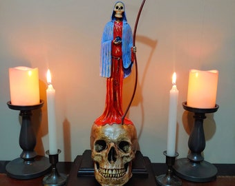 Santa Muerte Statue on Skull Altar: Hand-Painted Folk Saint Idol