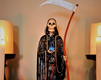 13.5 inch, Santa Muerte, Folk Saint, Statue, Religious Idol, Mexico, black deluxe