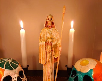 Santa Muerte, 12.5 inch, Folk Saint, Statue, Religious Idol, Mexico, Death, aged ivory effect