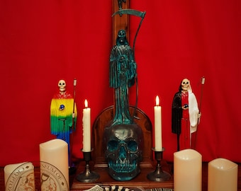 Santa Muerte Statue on Skull Altar: Folk Saint Religious Idol