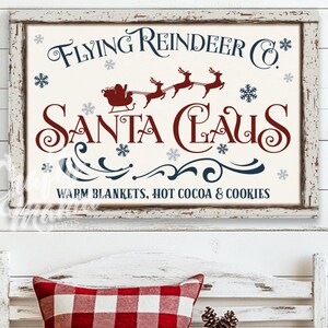 Santa’s Reindeer Christmas Sign, Rustic Farmhouse Holiday Wall Art, Vintage Sleigh Ride Canvas, Reindeer Christmas Decor