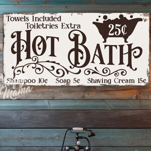 Vintage Hot Bath Sign, Retro Bath Decor Canvas, Old Fashioned Bathroom Wall Art, Classic Bathtub Sign Canvas, Relaxing Hot Bath Sign