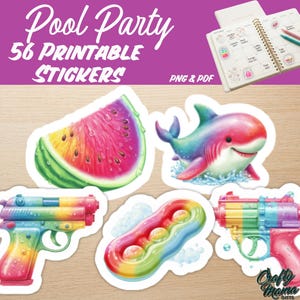 Puede incluir: Un conjunto de 56 pegatinas imprimibles tituladas Pool Party, con ilustraciones coloridas de una rodaja de sandía, un tiburón sonriente, dos pistolas de agua arcoíris y un flotador inflable, con una agenda mostrada en la esquina.