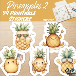 May include: A set of 94 printable stickers featuring cartoon pineapples with various accessories, including sunglasses, a drink, an American flag, and a swing. The text reads Pineapples 2, 94 Printable Stickers, PNG & PDF, and Crafty Mama Gifts.