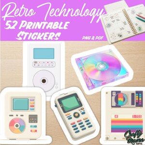 May include: A set of 52 printable stickers featuring retro technology designs including a white digital music player, a holographic CD, a beige handheld calculator, a portable gaming device, and a floppy disk, with text reading Retro Technology.