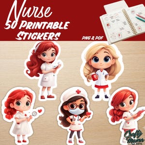 Peut inclure: Un ensemble de 50 autocollants d'infirmiers imprimables représentant cinq personnages de dessins animés en uniforme blanc, tenant des objets médicaux comme des stéthoscopes, des flacons de pilules et des presse-papiers, avec le texte Nurse 50 Printable Stickers PNG & PDF.