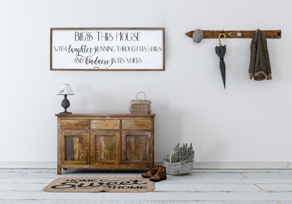 Bless This House Sign Farmhouse Style Wall Art Living Room Home Decor Large Sign Saying Framed Wood Sign Laughter Running Through Halls