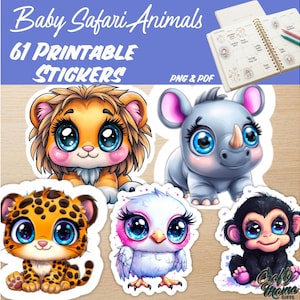 61 Baby Safari Animals Printable Stickers | Lion Rhino Leopard Monkey Fussy Cuts | Planner Sticker PNG | Digital Download PDF