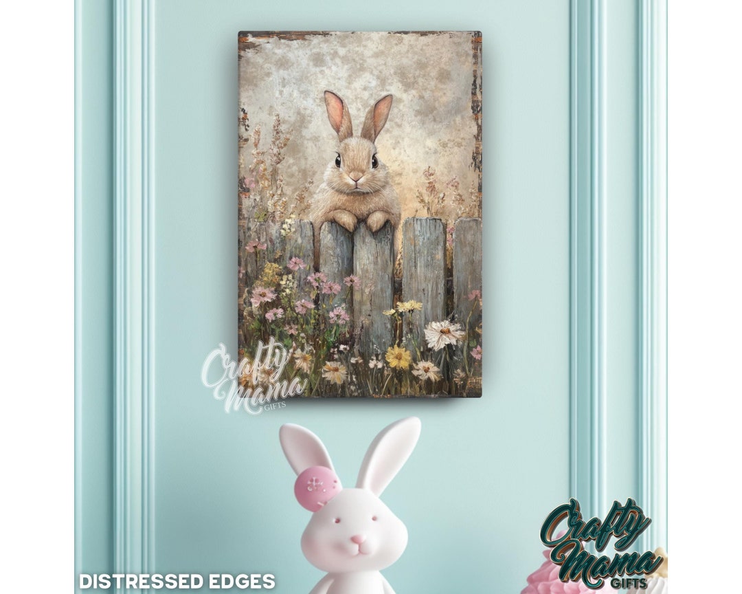 Rustic Bunny Canvas Sign, Cottagecore Rabbit Art, Vintage Wildflower ...